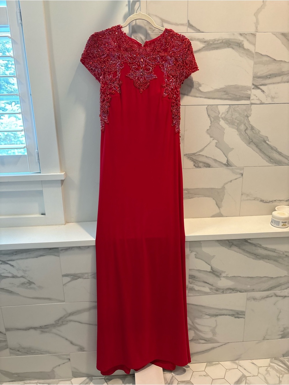 Red Beaded Cap-Sleeve Maxi Dress